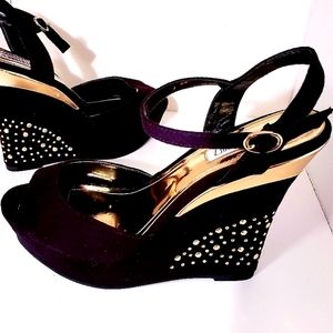 Jennifer Lopez Gold Stud Black Velvet Wedge Heels